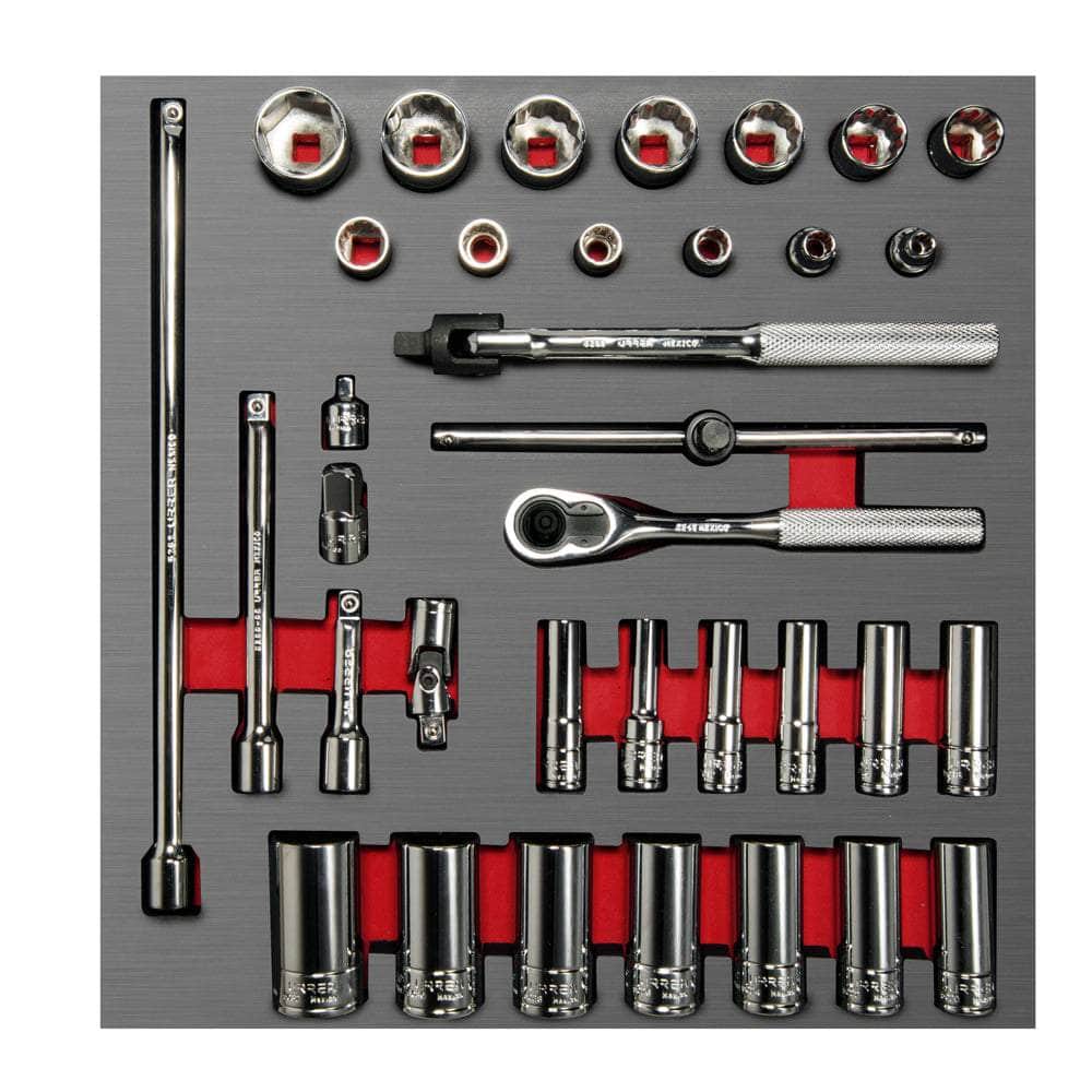 CH201L Juego de dados cortos y largos y accesorios cuadro de 3/8" en pulgadas, 35 piezas, cod.CH201L Urrea Urrea