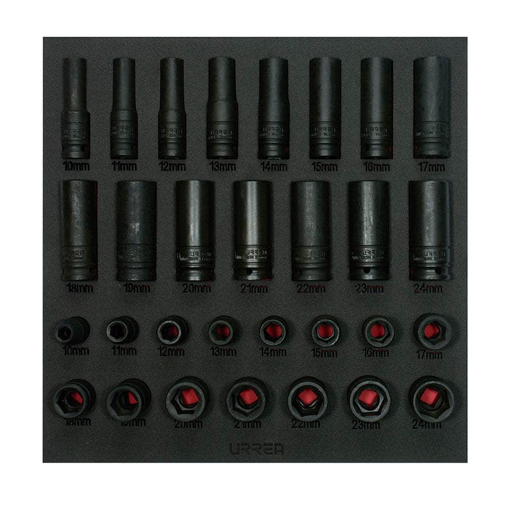CH219 Juego de dados de impacto cortos y largos métricos cuadro de 1/2", 30 piezas, cod.CH219 Urrea Urrea