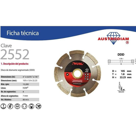 CLAVE-2552 Austromex 2552 Disco Diamante Segmentado Hum De 4 Pulgadas MARINOS DEL GOLFO