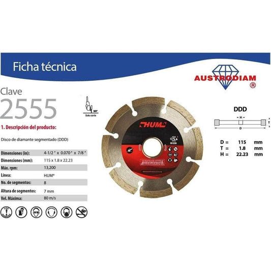 CLAVE-2555 Austromex 2555 Disco Diamante Segmentado Hum 4-1/2 Pulgadas MARINOS DEL GOLFO