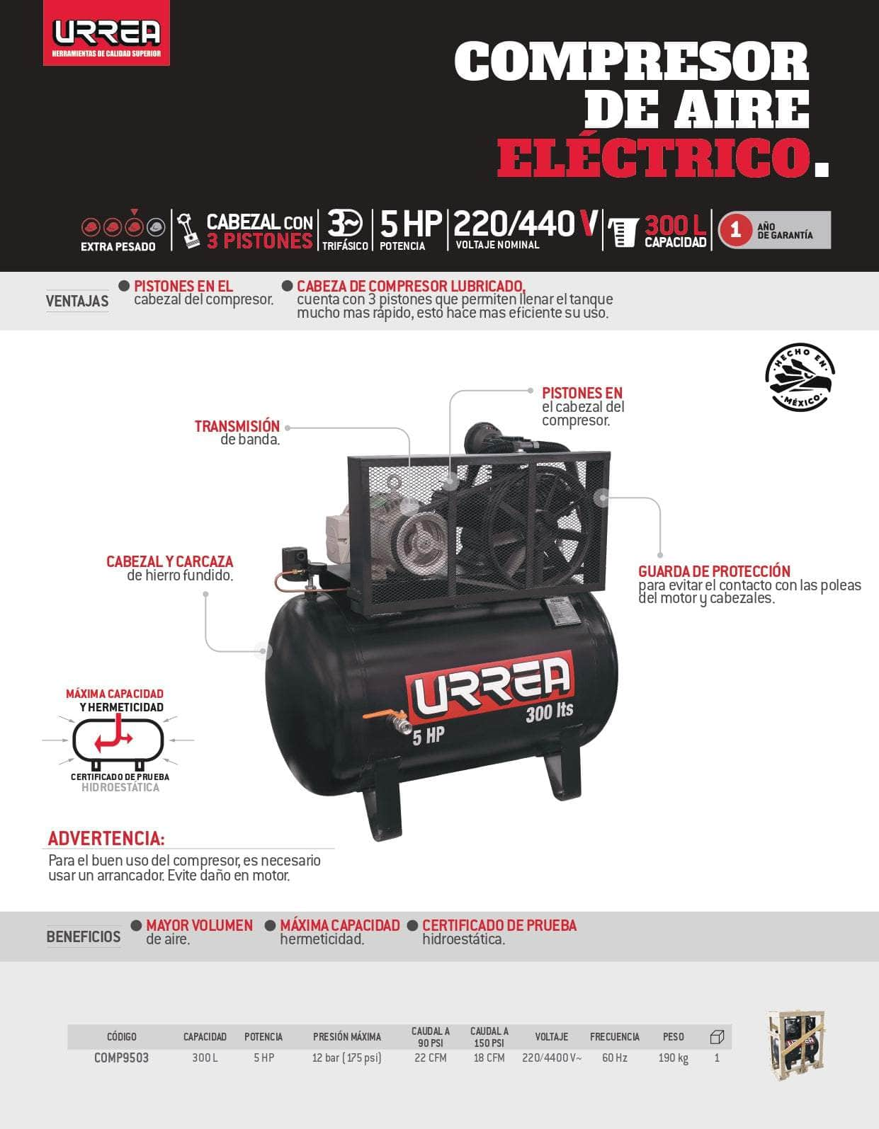 Compresor Aire Eléctrico De Banda 300Lt 5HP 220V-440V, COMP9503 Urrea ...