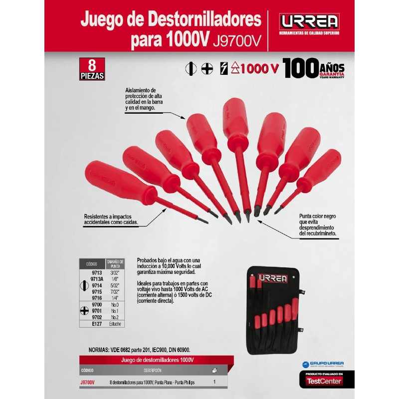 J9700V Juego De 8 Destornilladores Rojos Para 1000v Combinado Urrea URREA